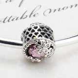 925 Silver Daisy Meadow Pink/Clear CZ Beads Charms Fit Bracelet DIY