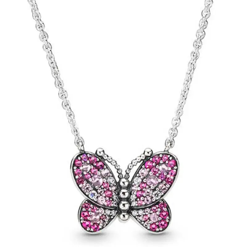 925 Silver Pink Butterfly Pan Necklace Women Wedding Gift