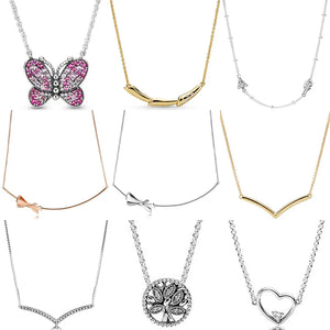 925 Silver Pink Butterfly Pan Necklace Women Wedding Gift
