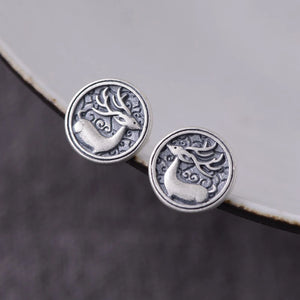 925 Silver Deer Compact Stud Earrings Punk Vintage Jewelry
