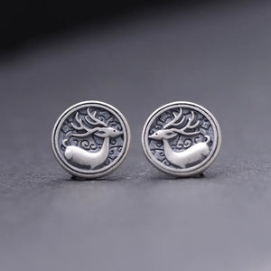 925 Silver Deer Compact Stud Earrings Punk Vintage Jewelry
