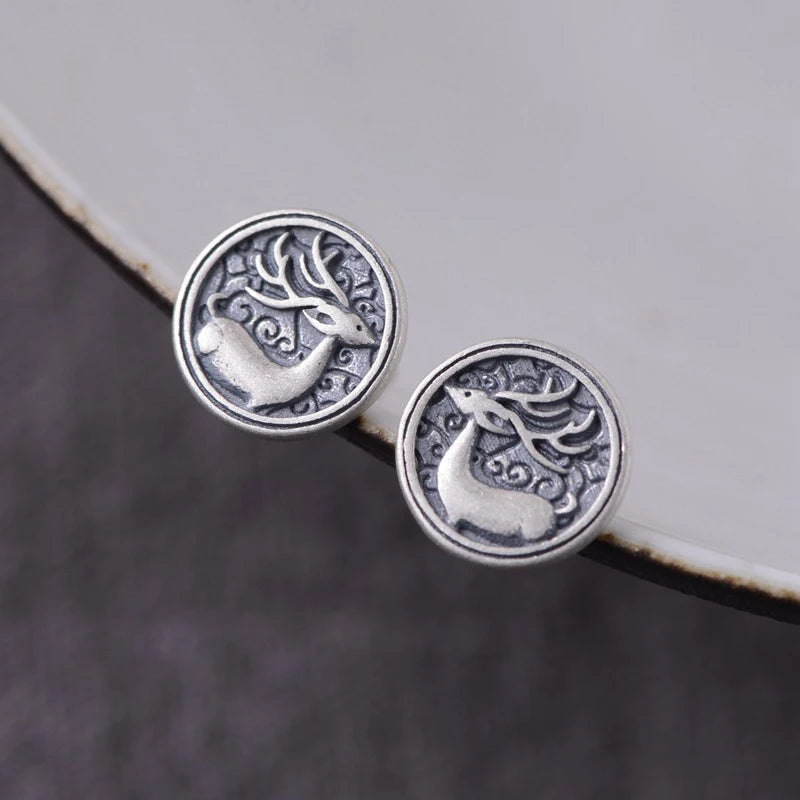 925 Silver Deer Compact Stud Earrings Punk Vintage Jewelry