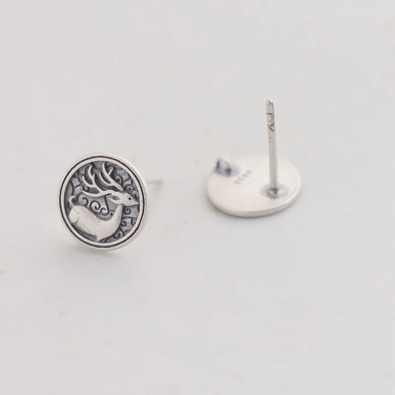 925 Silver Deer Compact Stud Earrings Punk Vintage Jewelry