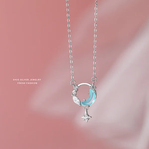925 Silver Zircon Star Moon Pendant Necklace Gift Jewelry