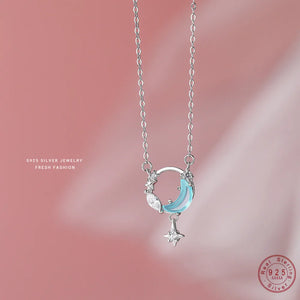 925 Silver Zircon Star Moon Pendant Necklace Gift Jewelry