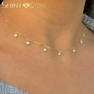 925 Silver Clear CZ Station Charm Choker Necklace Dainty Disco Dots Drip Drop