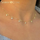 925 Silver Clear CZ Station Charm Choker Necklace Dainty Disco Dots Drip Drop