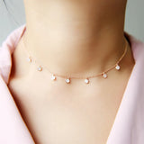 925 Silver Clear CZ Station Charm Choker Necklace Dainty Disco Dots Drip Drop