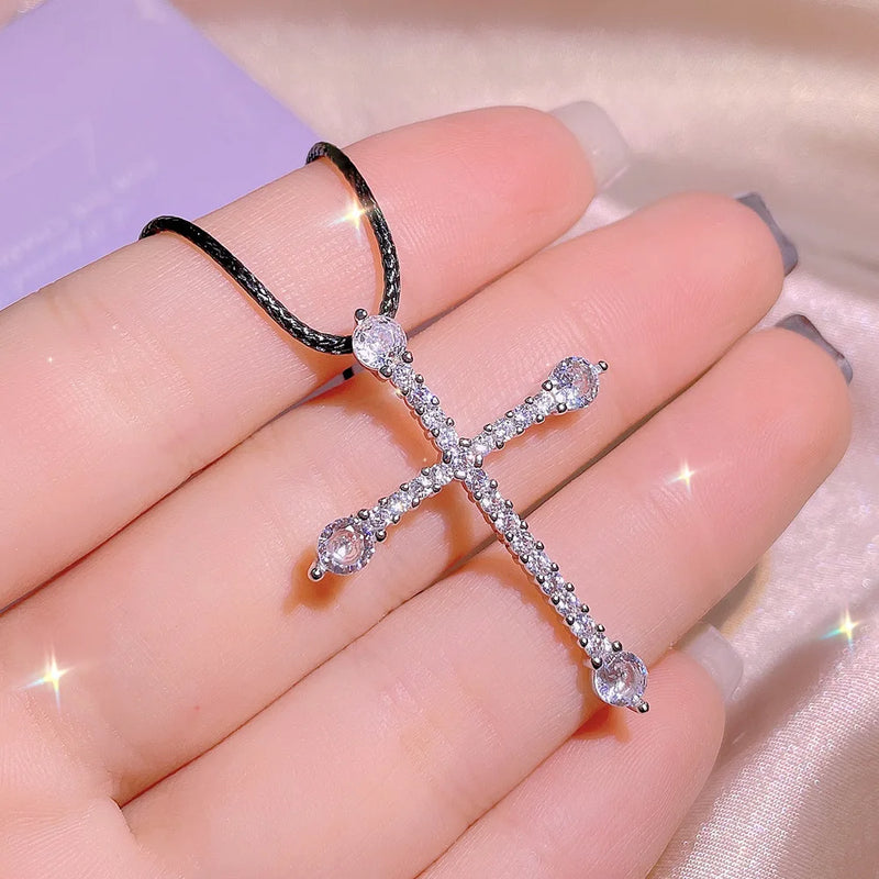 925 Silver Cross Zircon Pendant Chain Bright Medieval Necklace