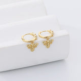 925 Silver CZ Hoop Earrings with Bee Dangle