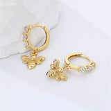 925 Silver CZ Hoop Earrings with Bee Dangle