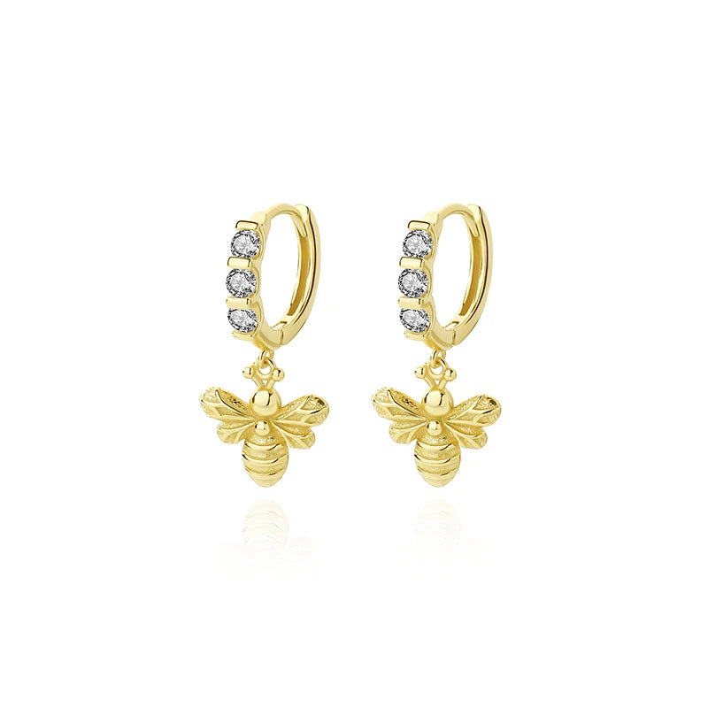 925 Silver CZ Hoop Earrings with Bee Dangle