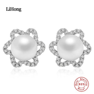 925 Silver Delicate Earrings, Pearl & Clear CZ Studs Wedding Jewelry