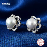 925 Silver Delicate Earrings, Pearl & Clear CZ Studs Wedding Jewelry