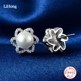925 Silver Delicate Earrings, Pearl & Clear CZ Studs Wedding Jewelry