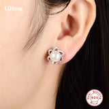 925 Silver Delicate Earrings, Pearl & Clear CZ Studs Wedding Jewelry
