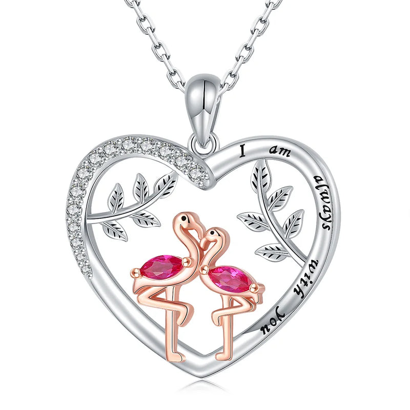 925 Silver Flamingos Heart Pendant Necklace Always with You Jewelry