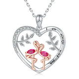 925 Silver Flamingos Heart Pendant Necklace Always with You Jewelry