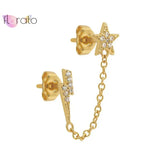 925 Silver Star Lightning Tassel Stud Earrings Pave Crystal Chain Jewelry