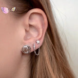 925 Silver Star Lightning Tassel Stud Earrings Pave Crystal Chain Jewelry