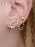925 Silver Star Lightning Tassel Stud Earrings Pave Crystal Chain Jewelry