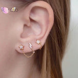 925 Silver Star Lightning Tassel Stud Earrings Pave Crystal Chain Jewelry