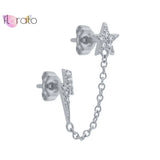 925 Silver Star Lightning Tassel Stud Earrings Pave Crystal Chain Jewelry