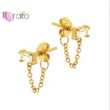 925 Silver Star Lightning Tassel Stud Earrings Pave Crystal Chain Jewelry