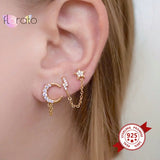925 Silver Star Lightning Tassel Stud Earrings Pave Crystal Chain Jewelry