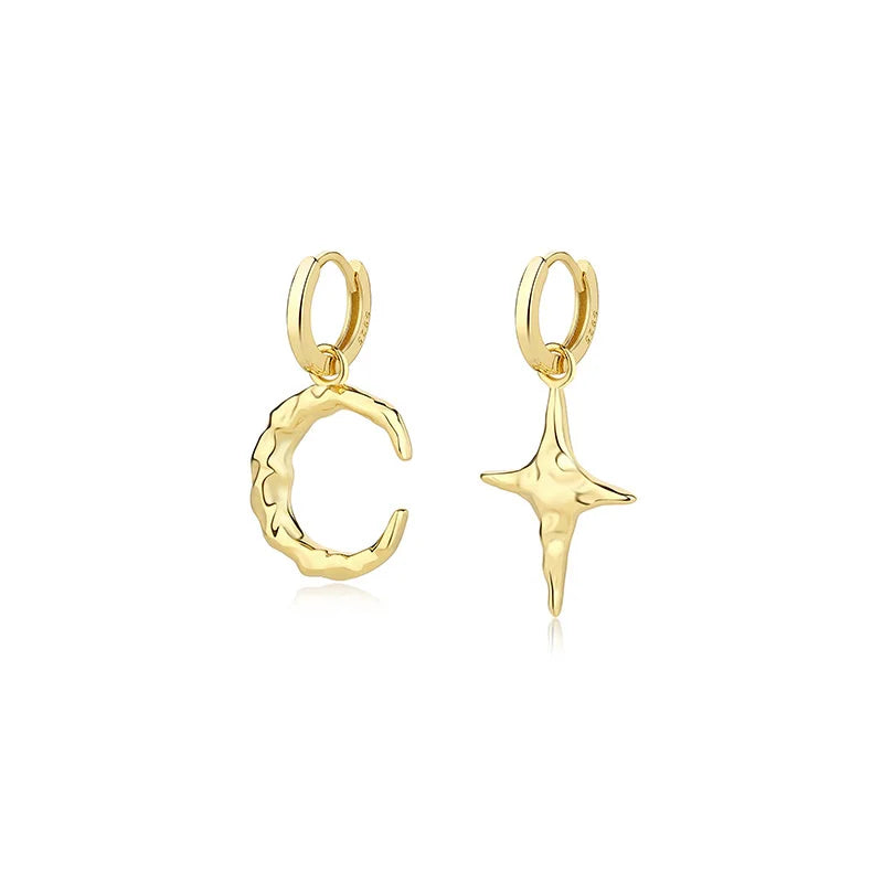 925 Silver CZ Drop Earrings Women Star Moon Asymmetric