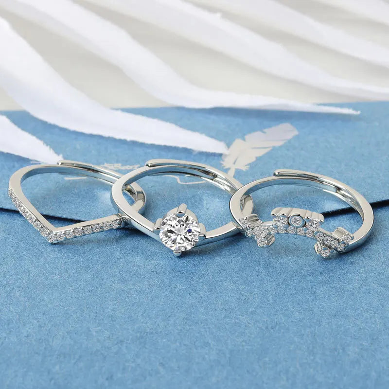 925 Silver Diamond Open Rings Set Women Wedding Bridal Jewelry Accessories