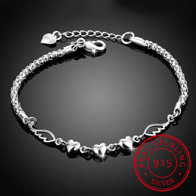 925 Silver Double Angel Wings Bracelet Crystal Charm for Women