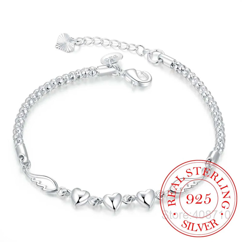 925 Silver Double Angel Wings Heart Charm Bracelets Women
