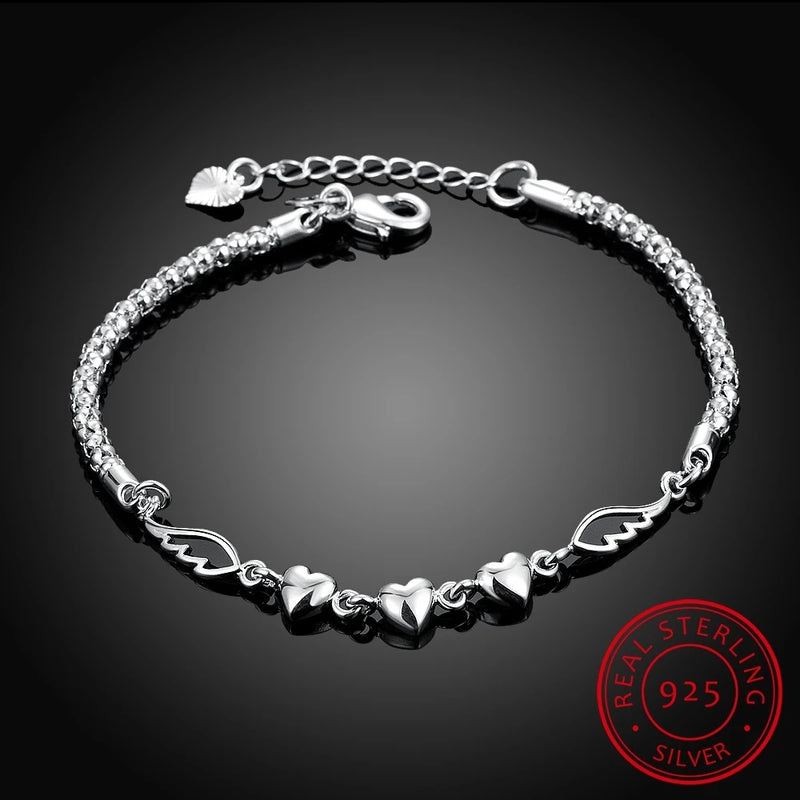 925 Silver Double Angel Wings Heart Charm Bracelets For Women