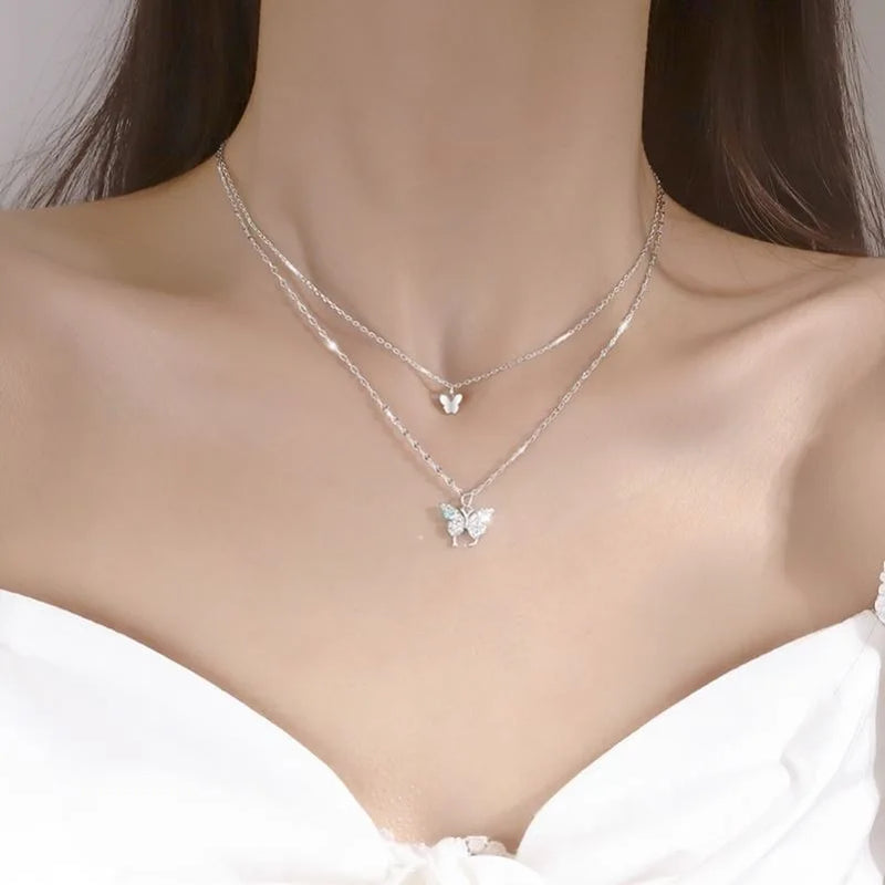 925 Silver Double Butterfly Necklaces & Pendants High Chain