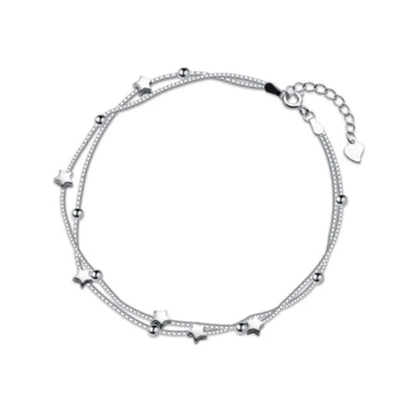 925 Silver Double Chain Anklets Star Beads Pendant Women Foot Chains