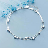 925 Silver Double Chain Anklets Star Beads Pendant Women Foot Chains