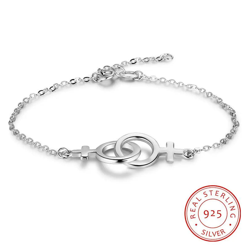 925 Sterling Silver Double Circle Interlock Clavicle Bracelet