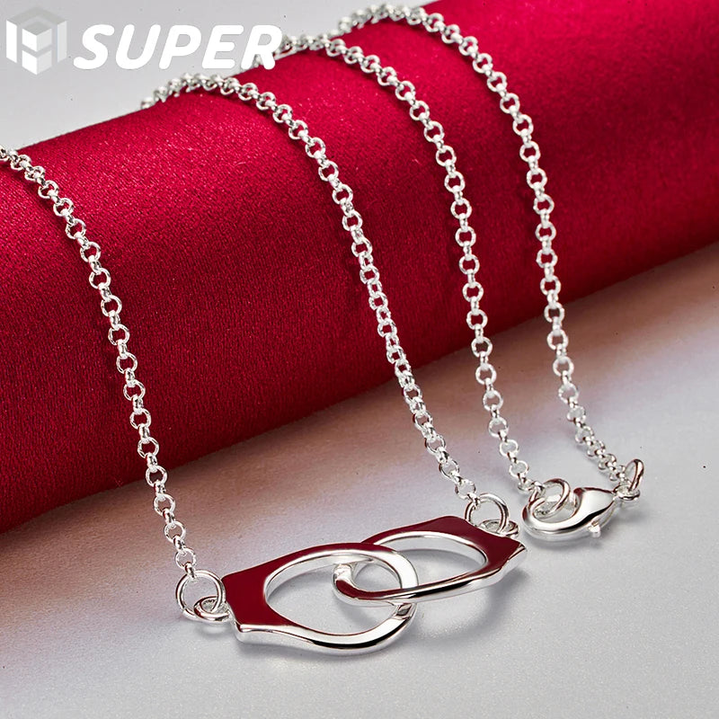 925 Silver Double Circle Loop Pendant Necklace 18" Chain Wedding Engagement