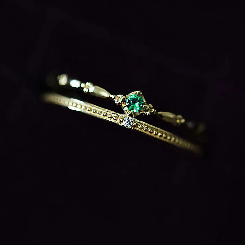 925 Silver Double Green Zircon Crown Ring for Women Girl Chain Jewelry