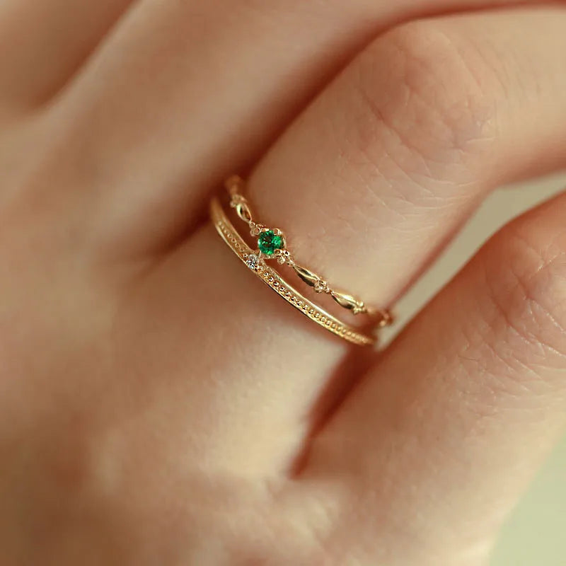 925 Silver Double Green Zircon Crown Ring for Women Girl Chain Jewelry