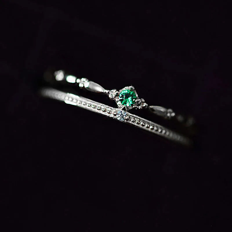 925 Silver Double Green Zircon Crown Ring for Women Girl Chain Jewelry