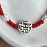 925 Silver Double Happiness Bracelet Wedding Red Rope Friendship Bangle