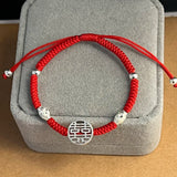 925 Silver Double Happiness Bracelet Wedding Red Rope Friendship Bangle