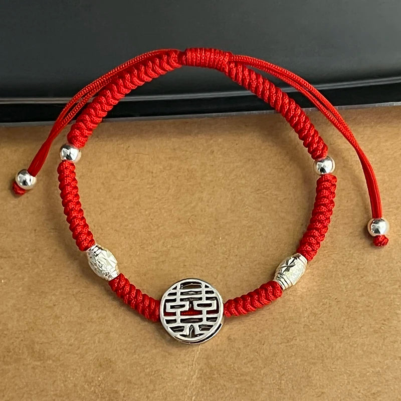925 Silver Double Happiness Bracelet Wedding Red Rope Friendship Bangle
