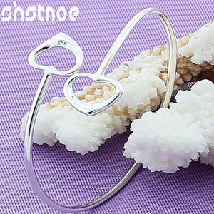 925 Silver Double Heart Open Bangle Bracelet for Man Women