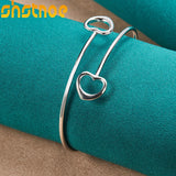 925 Silver Double Heart Open Bangle Bracelet for Man Women