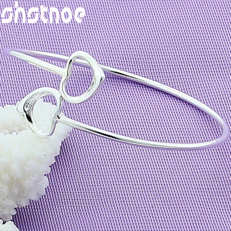 925 Silver Double Heart Open Bangle Bracelet for Man Women