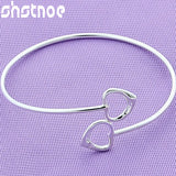 925 Silver Double Heart Open Bangle Bracelet for Man Women