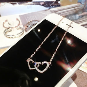 925 Silver Double Heart Circle CZ Zircon Pendants Necklaces For Women